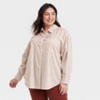 Women's Plus Size Long Sleeve Button-down Boyfriend Shirt - A New Day Cream Striped 1x, Ivory