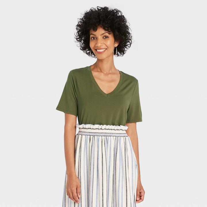 Women's Short Sleeve V-neck Drapey T-shirt - A New Day Green