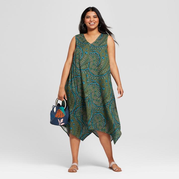 Women's Plus Size Printed A Line Dress - Ava & Viv Olive X, Green