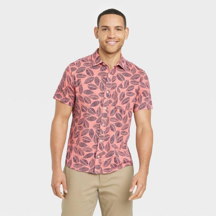 Men's Short Sleeve Knit Button-down Shirt - Goodfellow & Co Coral Red