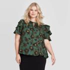 Women's Plus Size Floral Print Flounce Short Sleeve Split Neck Ruffle Peplum Top - Who What Wear Green 1x, Women's,