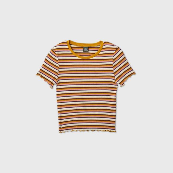 Women's Striped Short Sleeve Round Neck Lettuce Edge Baby T-shirt - Wild Fable Xs,