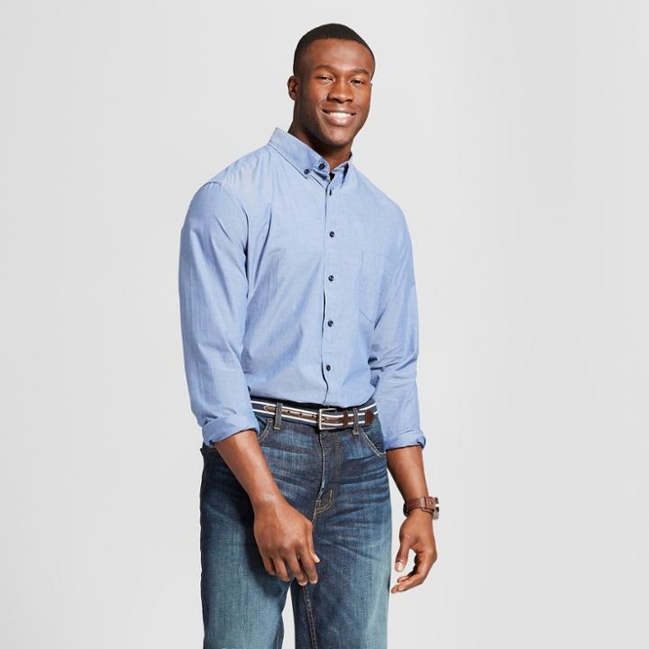 Men's Tall Standard Fit Northrop Long Sleeve Button-down Shirt - Goodfellow & Co Geneva Blue