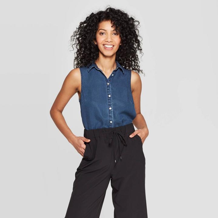 Women's Sleeveless Collared Button-down Shirt - A New Day Indigo