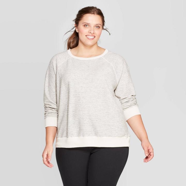 Women's Plus Size Striped Long Sleeve Crewneck Sweatshirt - Universal Thread White