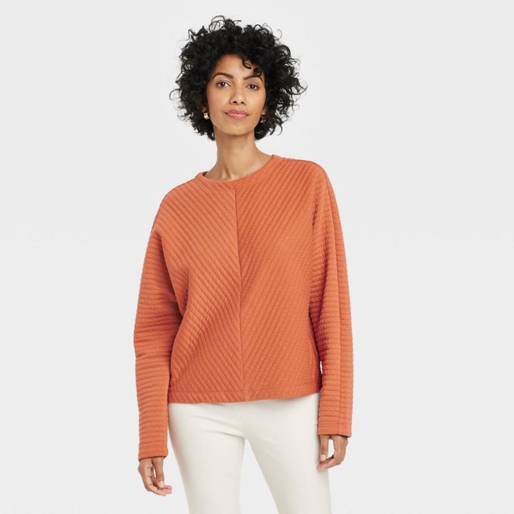Women's Long Sleeve Boat Neck Ottoman Top - A New Day Orange