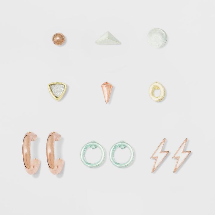 Lightning Bolt, Open Disc And Geometric Stud Mix And Match Earring Set 9ct - Wild Fable,