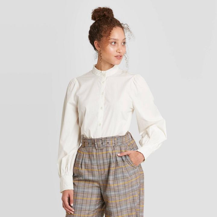 Women's Ruffle Long Sleeve Button-down Blouse - A New Day Cream