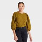 Women's 3/4 Sleeve Jacquard Top - A New Day Olive Green