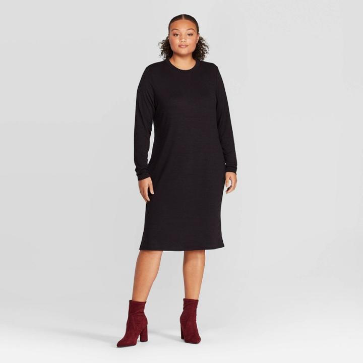 Women's Plus Size Long Sleeve Crewneck Essential Knit Midi Dress - Prologue Black 1x, Women's,