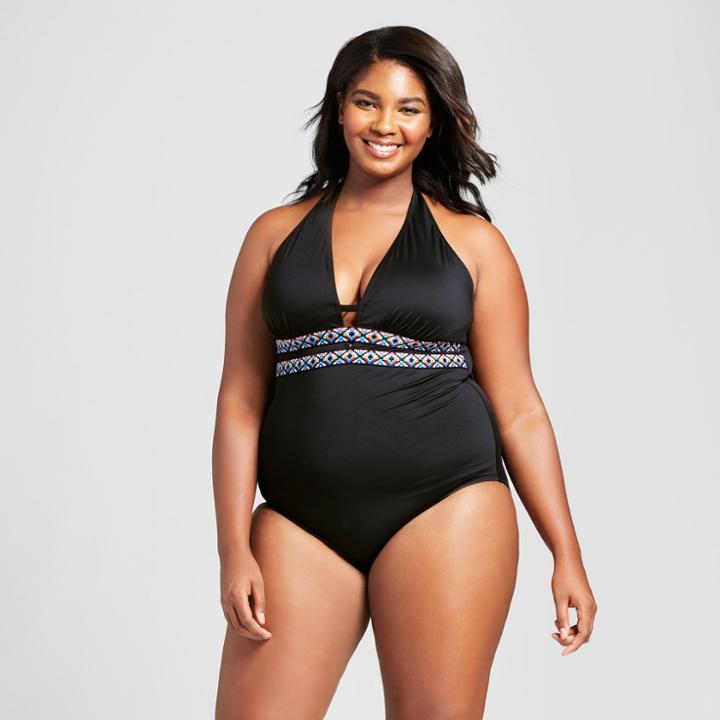 Clean Water Women's Tribal Trim Plunge Halter One Piece Swimsuit - Black