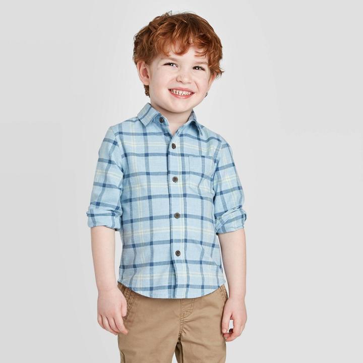 Toddler Boys' Long Sleeve Plaid Button-down Shirt - Cat & Jack Blue 12m, Toddler Boy's