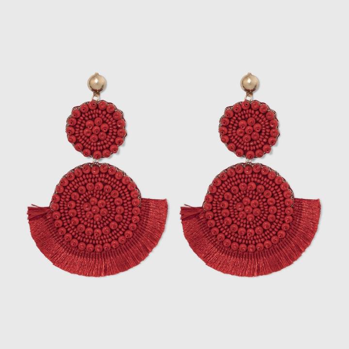 Rounded Beaded Fanned Tassel Earrings - A New Day Red
