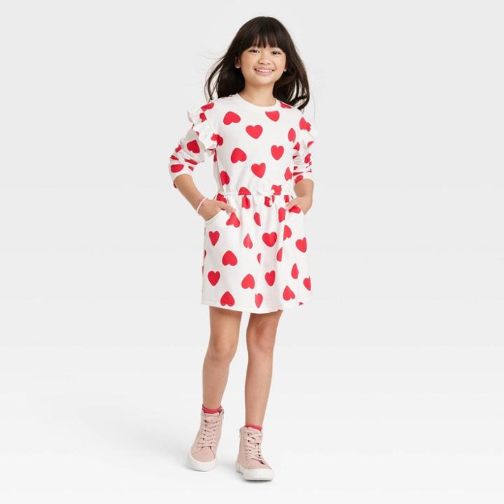 Girls' Valentine's Day 'heart' Long Sleeve Ruffle Dress - Cat & Jack Cream