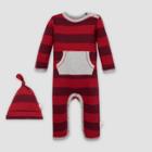 Burt's Bees Baby Rugby Stripe Organic Cotton Jumpsuit & Knot Top Hat Set - Red Newborn, Kids Unisex