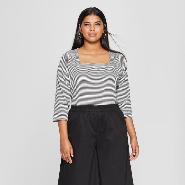 Women's Plus Size Striped 3/4 Sleeve Square Neck Top - Who What Wear Black/white X, Black/white