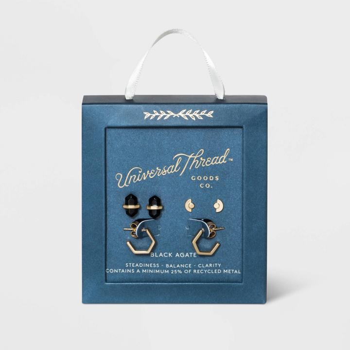 Semi-precious Black Agate Stone, Half Moon, And Recycled Metal Hexagon Hoop Earring Set 3pc - Universal Thread Black