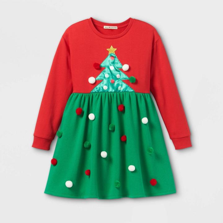 Mad Engine Girls' Christmas Tree Pom Dress - Red/green