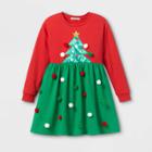 Mad Engine Girls' Christmas Tree Pom Dress - Red/green