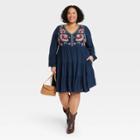 Women's Plus Size Balloon Long Sleeve Embroidered Dress - Knox Rose Navy