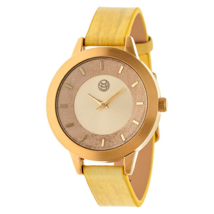 Earth Wood Goods Women's Earth Autumn Wood Outer-dial Polyurethane Strap Watch-yellow, Yellow
