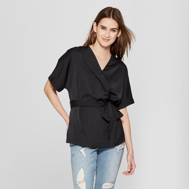 Women's Short Sleeve Drapey Wrap Blouse - Mossimo Black