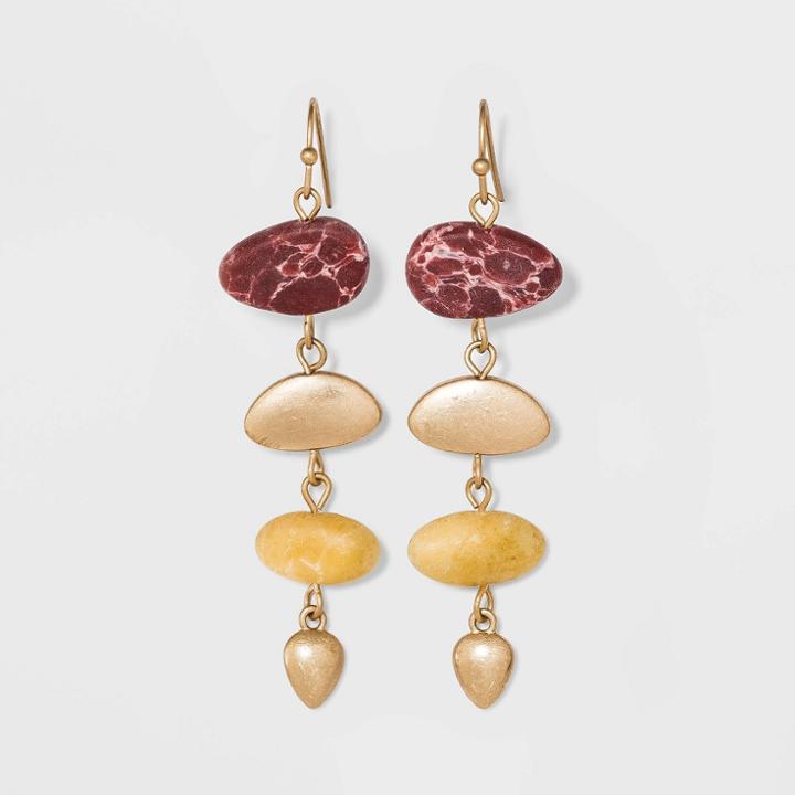 Organic Shape Stone With Semi-precious Rhodonite Bead Drop Earrings - Universal Thread Burgundy, Red