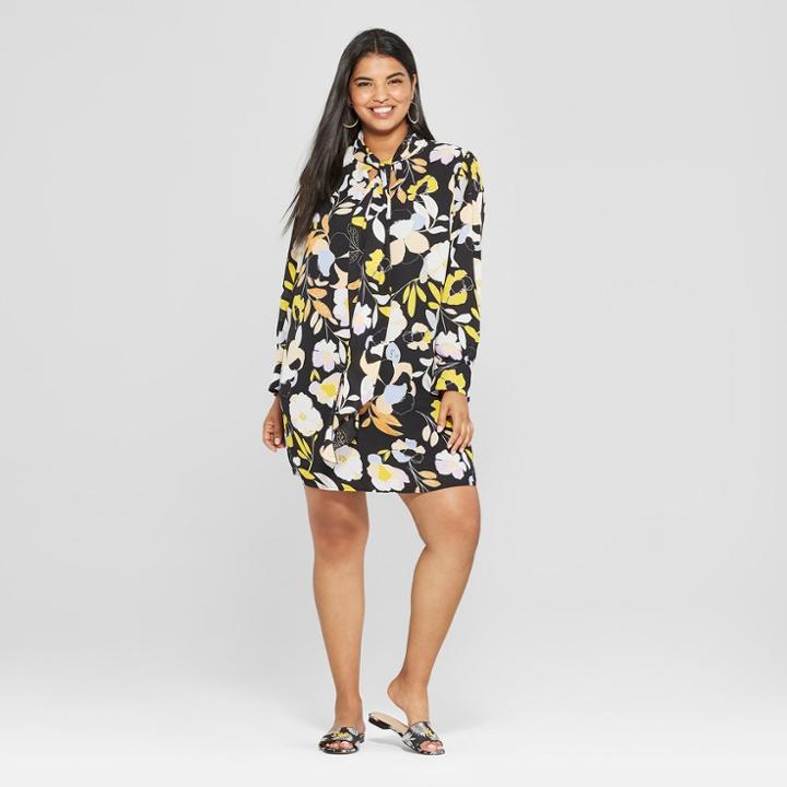Women's Plus Size Floral Print Long Sleeve Tie Neck Mini Dress - Who What Wear Black 1x, Black Floral