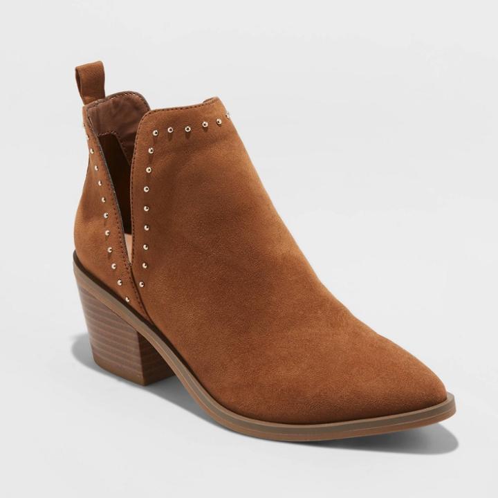 Women's Joann Faux Leather Studded V Cut Bootie - A New Day Cognac