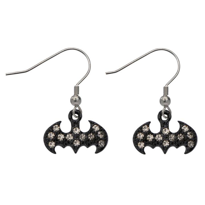 Women's Dc Comics Batman Logo Cut Out Stainless Steel Hook Dangle Earrings With Gem - Black, Black/silver