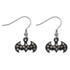 Women's Dc Comics Batman Logo Cut Out Stainless Steel Hook Dangle Earrings With Gem - Black, Black/silver