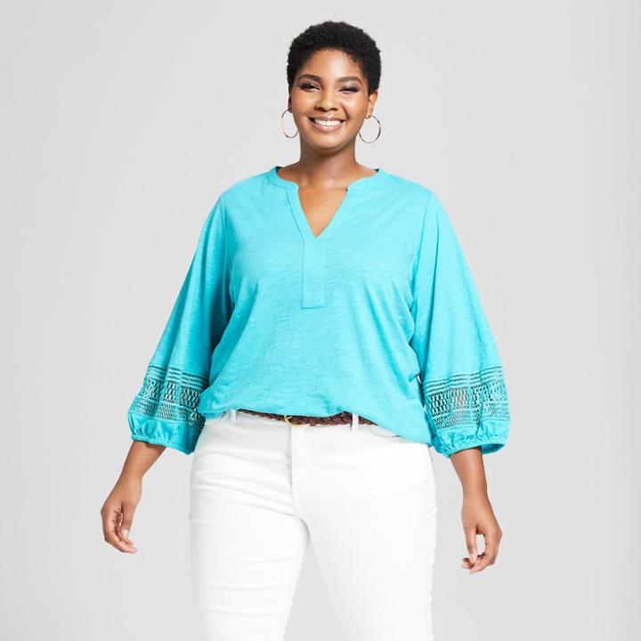 Women's Plus Size Balloon 3/4 Sleeve Blouse - Ava & Viv Teal (blue) X
