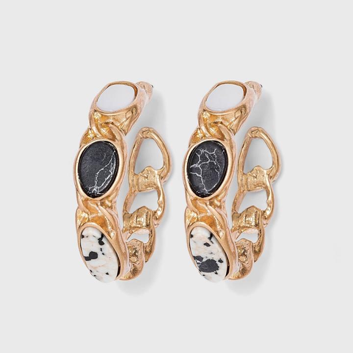 Black Howlite And Dalmatian Jasper Semi-precious Curb Chain Hoop Earrings - Universal Thread