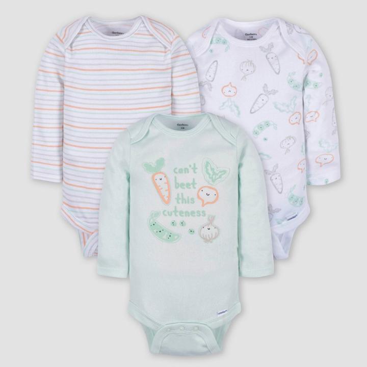 Gerber Baby 3pk Vegetables Long Sleeve Onesies - White/light Blue Newborn