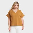 Women's Plus Size Short Sleeve V-neck Blouse - Universal Thread Brown