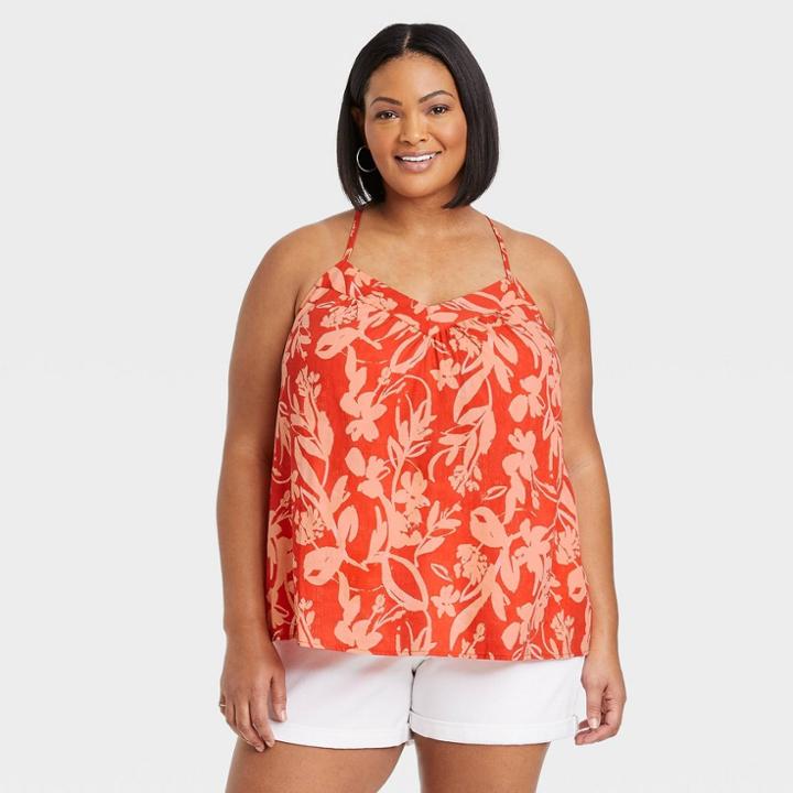 Women's Plus Size Woven Swing V-neck Cami - Ava & Viv Orange Floral X