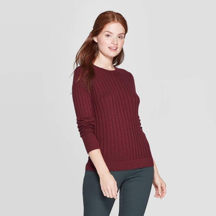 Women's Long Sleeve Ribbed Cuff Crewneck Pullover Sweater - A New Day Burgundy (red)