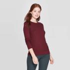 Women's Long Sleeve Ribbed Cuff Crewneck Pullover Sweater - A New Day Burgundy (red)