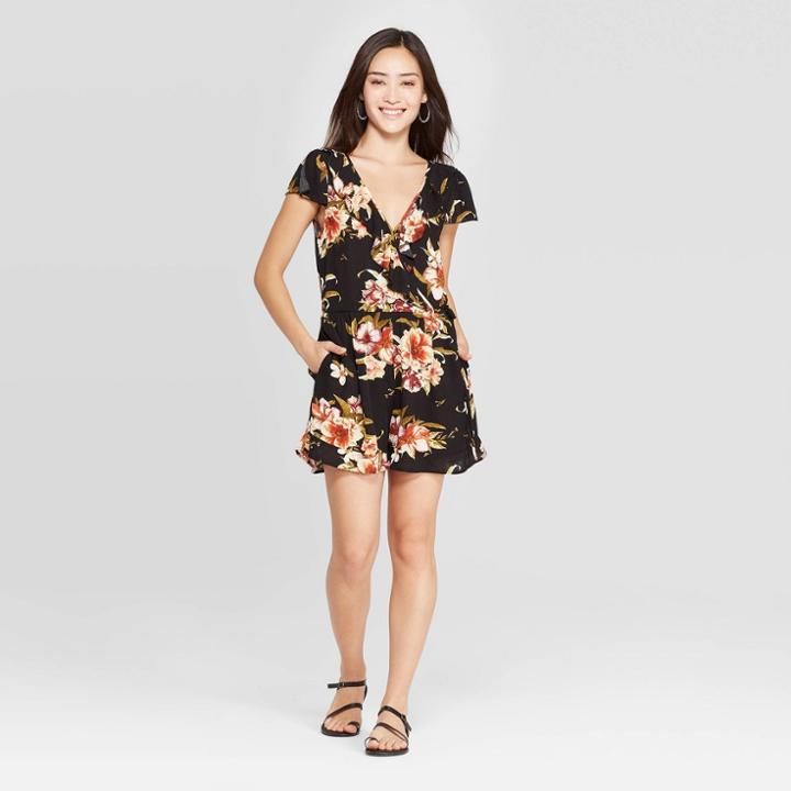 Women's Floral Print Short Sleeve Deep V-neck Ruffle Wrap Romper - Xhilaration Black