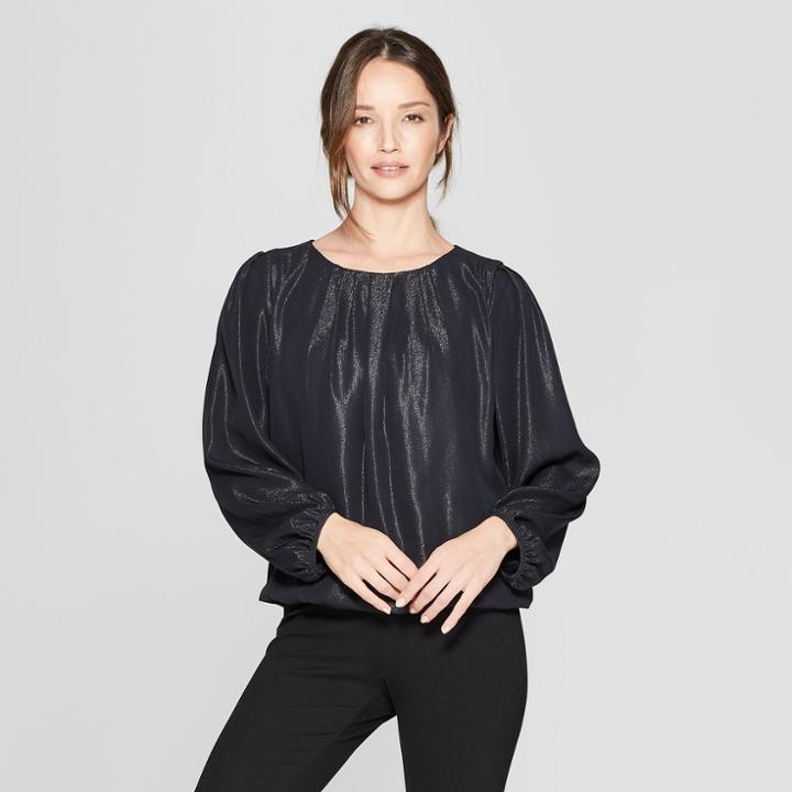 Women's Long Sleeve Pleated Blouse With Bubble Hem - Prologue Black