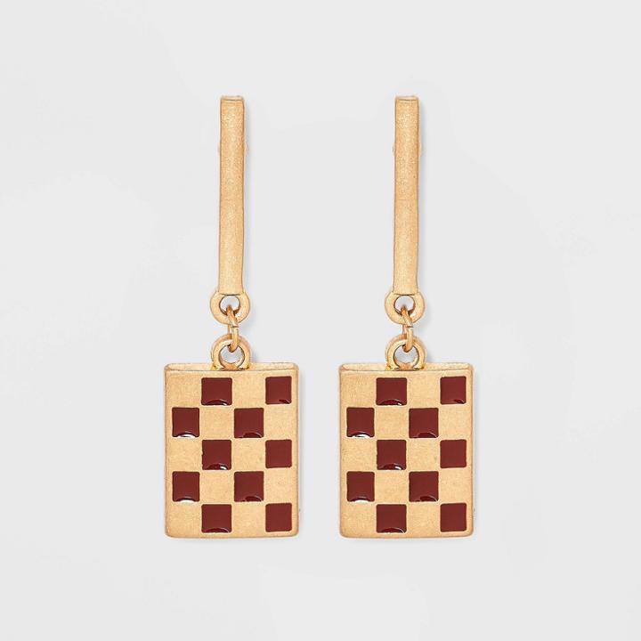 Bar Post With Checkerboard Charm Drop Earrings - Universal Thread Burgundy, Red