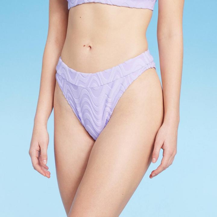 Women's Wavy Terry Textured Mid-waist Ultra High Leg Cheeky Bikini Bottom - Wild Fable Lilac Purple Xxs