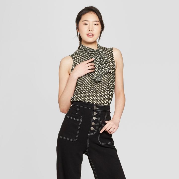 Women's Houndstooth Tie Neck Shell - Who What Wear Black/cream Xs, Black/cream Houndstooth