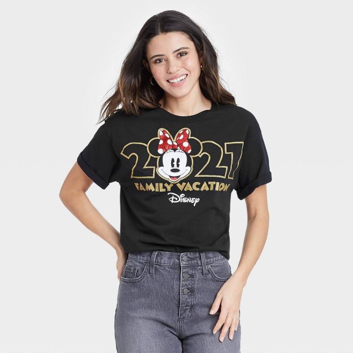 Women's Disney Minnie Mouse 'family Vacation 2021' Short Sleeve Graphic T-shirt - Black