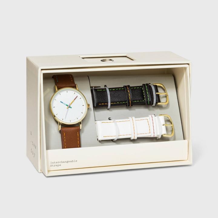 Women's Rainbow Dial Strap Watch With Changeable Straps - A New Day Brown/black/white