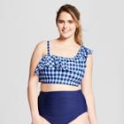 Plus Size Sea Angel Women's Plus Asymmetrical Ruffle One Shoulder Crop Bikini Top - Navy/white
