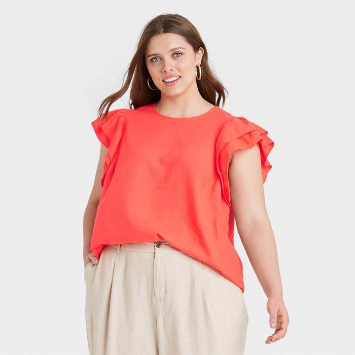 Women's Plus Size Ruffle Short Sleeve Linen Top - A New Day Coral