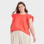 Women's Plus Size Ruffle Short Sleeve Linen Top - A New Day Coral