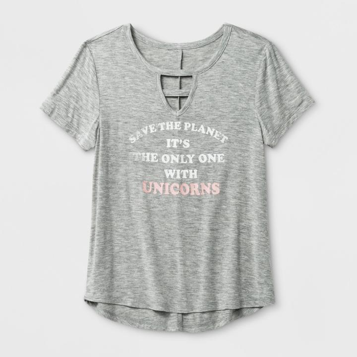 Grayson Social Girls' 'save The Planet Unicorns' Short Sleeve T-shirt - Athletic Heather