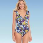 Women's Slimming Control Ruffle Sleeve One Piece Swimsuit - Beach Betty By Miracle Brands Blue Floral